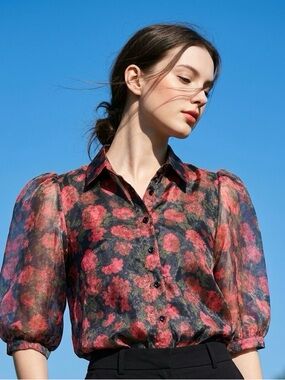 Blashe Sheer Floral Red Rose Puff Sleeve Organza Button Down Blouse